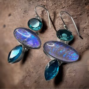 Triplet Fire Opal and Blue Topaz Gemstone 925 SS Earrings